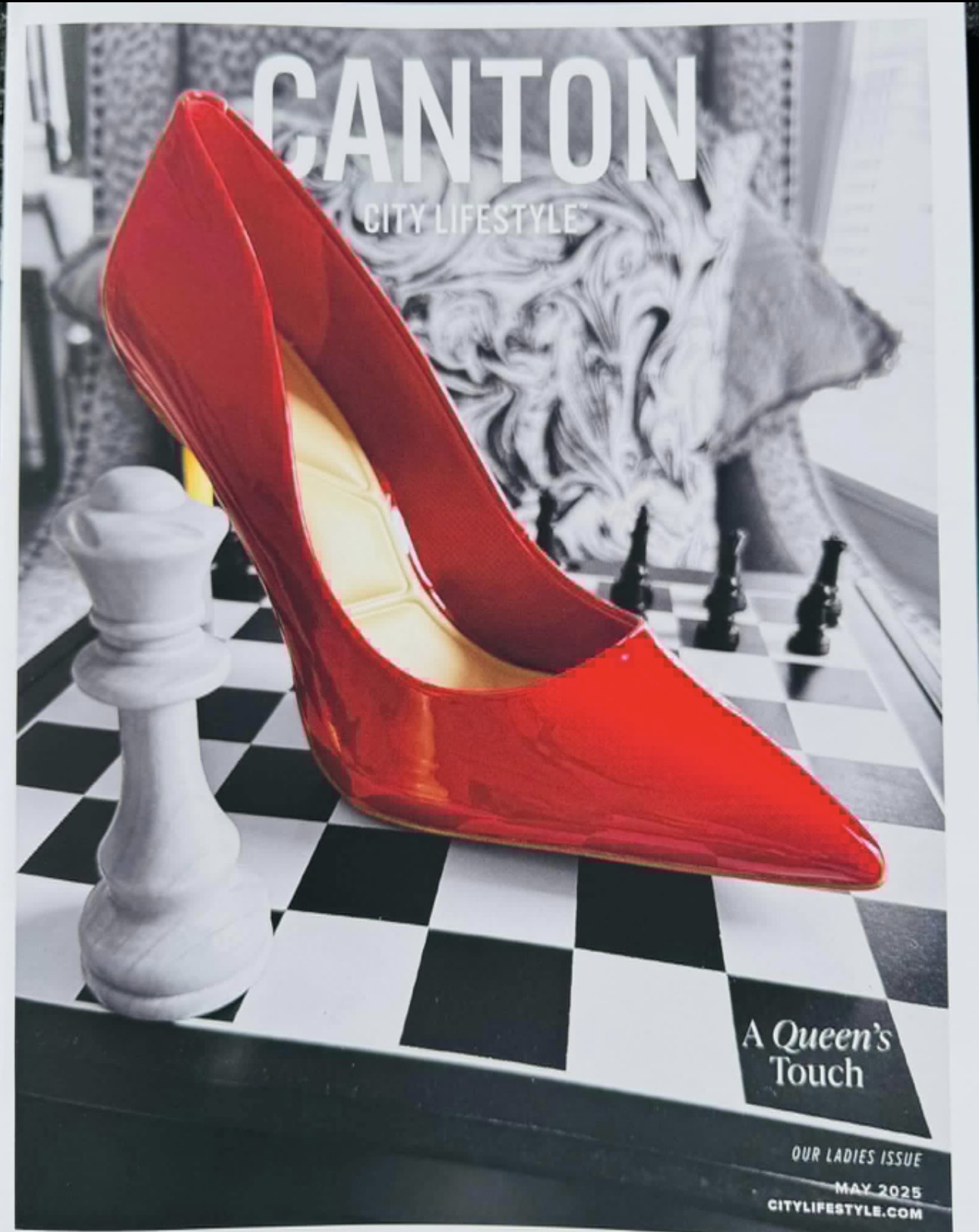 Canton Lifestyle magazine cover featuring a red shoe and chess imagery